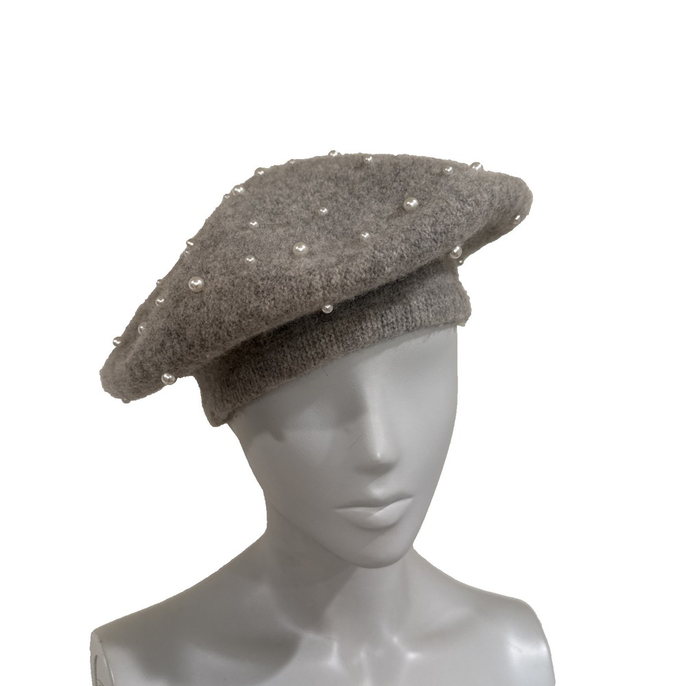 Women's Wool Beret Hat Zara Gray Pearls Coquette Light Academia Balletcore Paris